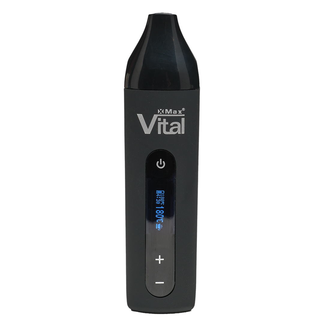 A dry herb vaporiser, the Xmax vital, with a plain white background