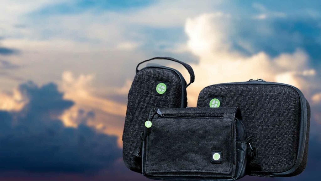 Dry Herb storage bags set against a sky background