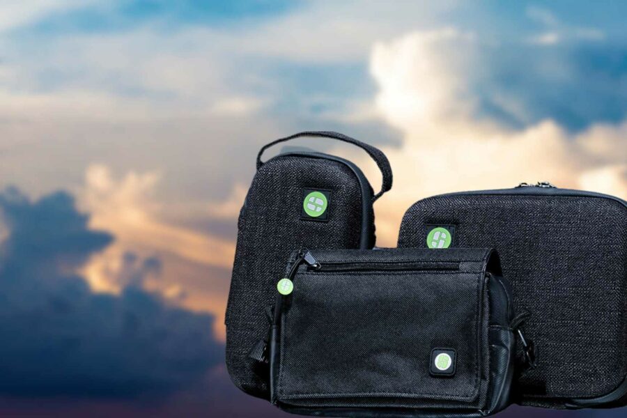 Cannabis storage bags set against a sky background