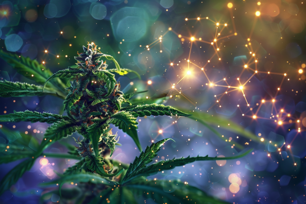 image of cannabis and graphic depiction of compounds sparkling in the air